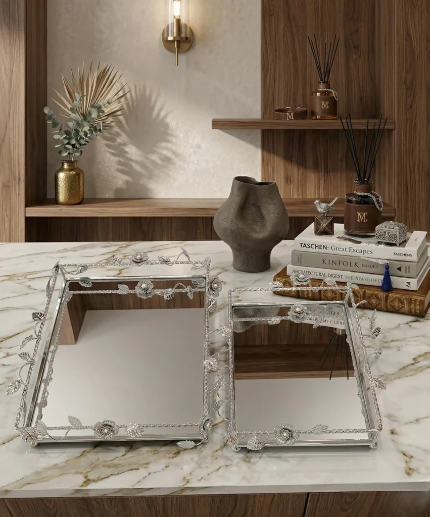 The Liana Mirrored Tray Collection (Silver)