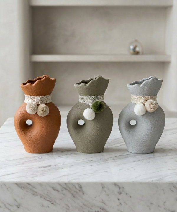 Pom-Pom Accented Ceramic Vases